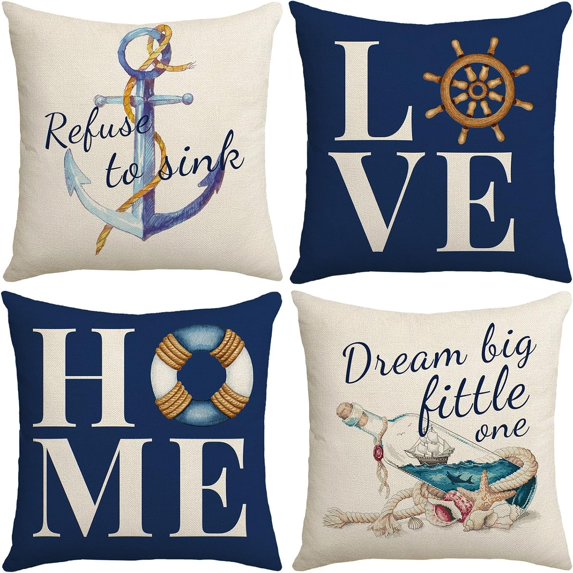 Nautical Pillow Covers 18x18 Set of 4, Navy Blue Coastal Anchor Navigation Pattern Decorative Pillowcase Summer Ocean Theme Throw Pillow Cover for Home Sofa Outdoor