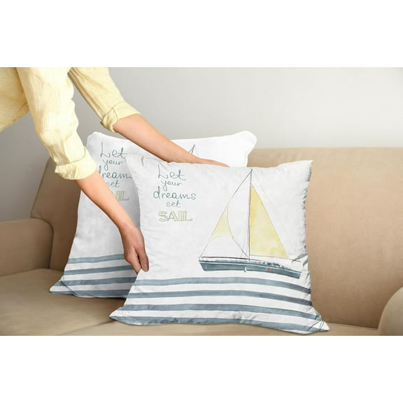 Nautical Pillow Cushion Cover Pack of 2, Let Your Dreams Set Sail Words Stripes Yacht Interior Navigation Theme, Decorative Square Accent Pillow Case, 2 Pcs-20" x 20", Blue White