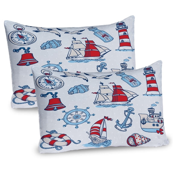 Nautical Pillow Sham Set of 2, Symbolic Sea Creatures Navigation Gulls Compass Holiday Shell Water Design, Quality Microfiber Bedding Item for All Seasons, 26" x 20", Blue Red, by Ambesonne