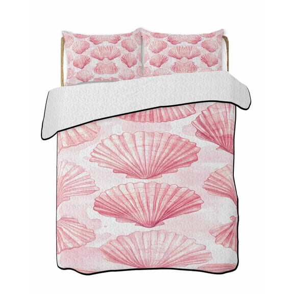 Nautical Pink Quilts Bedding Set California King Seashell Ocean Beach Summer Lightweight Quilted Bedspread 3 Piece Bed Quilt with 2 Pillow Shams All Season for Bedroom 96" x 106"