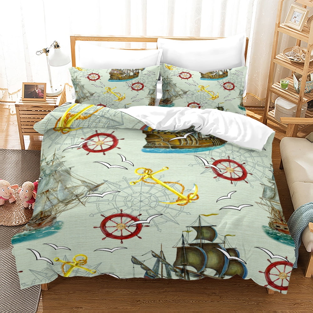 Nautical Pirate Duvet Cover Set Sailboat Theme Bedding Set Palm Tree ...