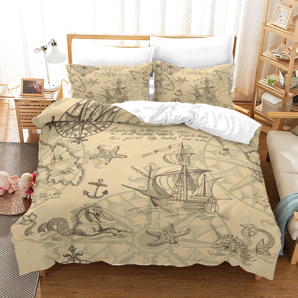 Nautical Pirate Duvet Cover Set Sailboat Theme Bedding Set Palm Tree ...