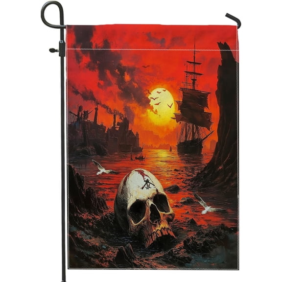 Nautical Pirate Ship Garden Flag, Gothic Horror Scenic Vertical Linen Flag for Outdoor House Lawn Yard Decor, 12 x 18 Inch