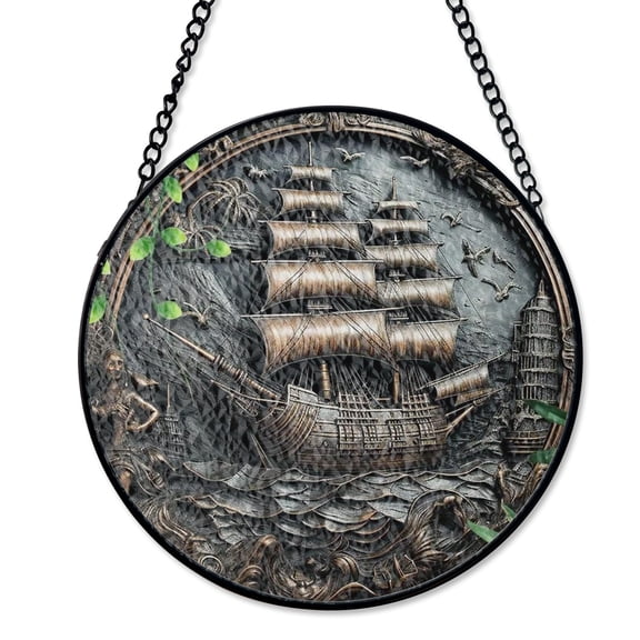 Nautical Pirate Ship Sailing Stained Glass Suncatcher Office Man Cave Coffee Shop Decor