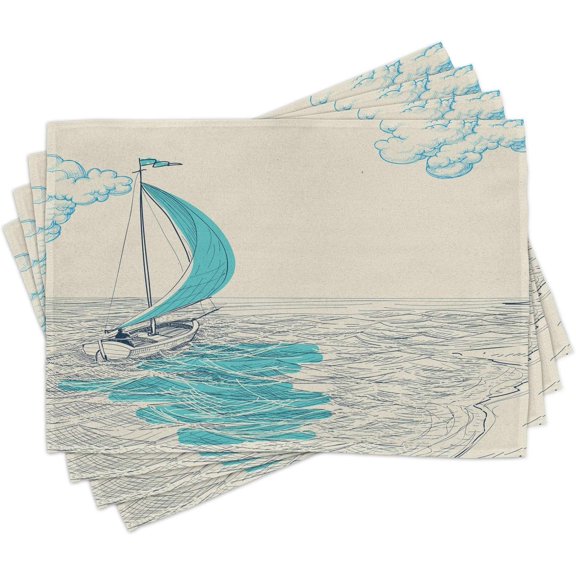 Nautical Place Mats Set of 4, Sailing Boat Reflection Cloudy Sky Sandy Seaside Shoreline Hobby Water Sports, Washable Fabric Placemats for Dining Table, Standard Size, Aqua Navy