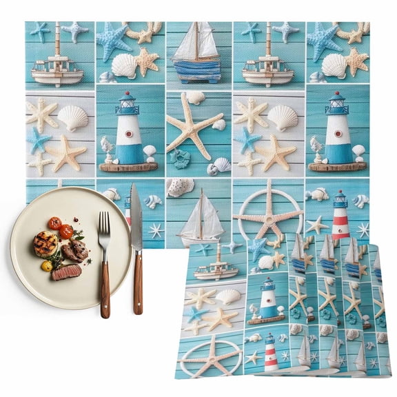 Nautical Placemats Set of 2, Ocean Lighthouse Starfish Shell Ship Table Mats Washable Heat-Resistant Non-Slip Place Mats for Kitchen Dinner Table Indoor Outdoor Decor,13x19 Inch Aqua Blue