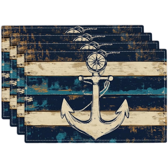 Nautical Placemats Set of 4, Coastal Anchor Place Mats, Rustic Beach Navy Blue Waterproof Washable Table Mats for Home Party Indoor Kitchen Dining Table Decoration 12x18 Inch