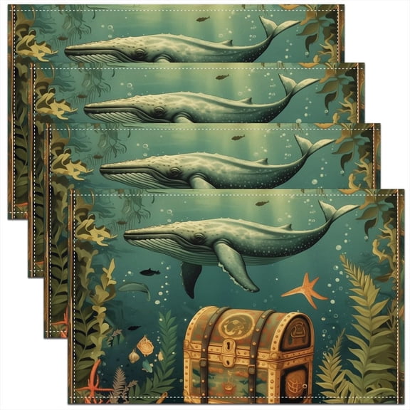 Nautical Placemats Set of 4,Ocean Adventure Theme Washable Place Mats 12x18 Inch for Dining Table Decorations,Fish Underwater World Table Mats for Kitchen Decor Dinner Indoor