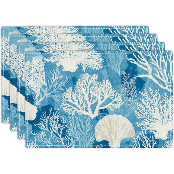 Nautical Placemats Set of 4 Starfish Beach Theme Ocean Seashell Washable Non-Slip Heat Resistant 12×18 Inch Coastal Summer Thick Place Mats Decorative Linen Fabric Table Mat for Dining Table