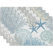 Nautical Placemats Set of 4 Starfish Beach Theme Ocean Seashell Washable Non-Slip Heat Resistant 12 18 Inch Coastal Summer Thick Place Mats Decorative Linen Fabric Table Mat for Dining Table