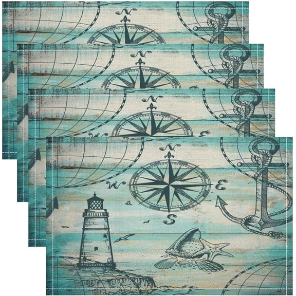 Nautical Placemats Set of 4, 18x12 Inch Blue Vintage Old Planks Anchor Lighthouse Coastal Rustic Table Mats for Home Party Kitchen Dining Decor