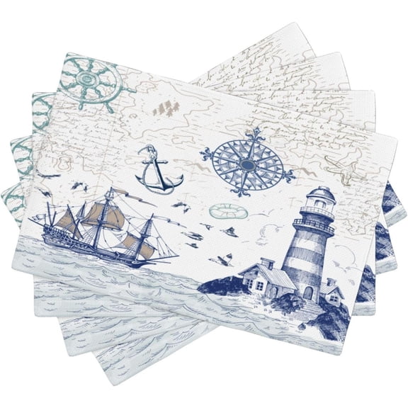 Nautical Placemats, Simple Hand Painted Blue Ocean Sailboat Map Lighthouse Compass Print Washable Fabric Placemats Table Kitchen Dining Party 12x18 Inch Set of 4