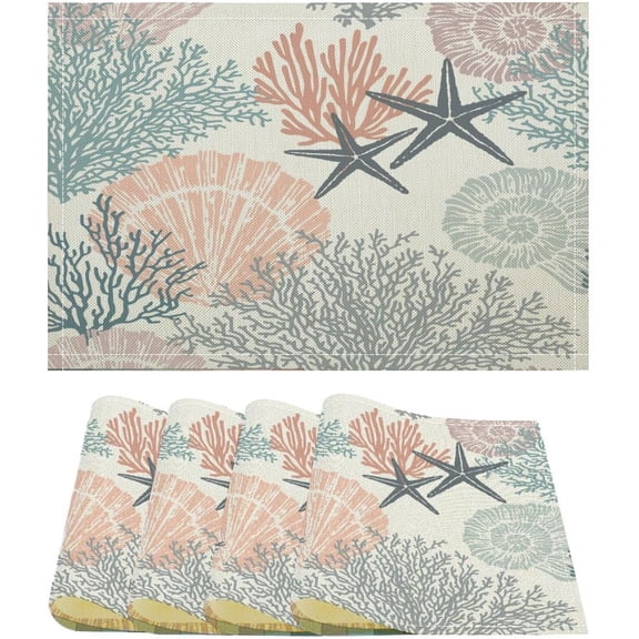 Nautical Placemats Summer Starfish Beach Theme Ocean Seashell Coastal Washable Non-Slip Heat Resistant Place Mats for Home Kitchen Dining Party Decor Set of 4 12x18 Inch 4PCS
