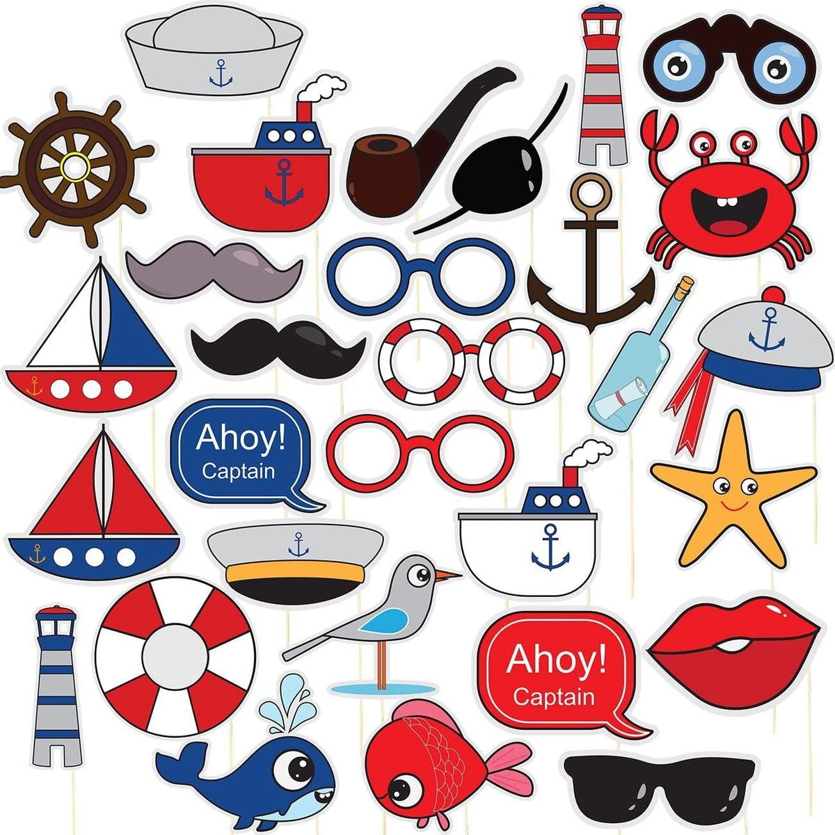 Nautical Pre-Assembled Photo Booth Props Kit - 30 Pack Ocean Picture Props with Sticks, Sailor Anchor Themed Party Favors for Kids Birthday Decoration, Assorted Designs