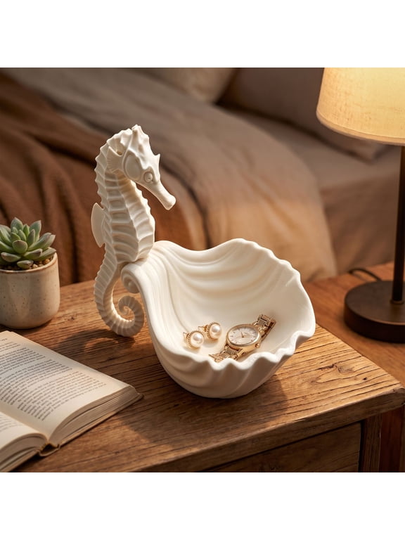 Nautical Printed Jewelry Tray, Scallop Shell Ring Dish Catchall for Vanity, Organizer for Necklaces Earrings, Tabletop Storage for Beach Bedroom
