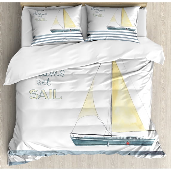 Nautical Queen Size Duvet Cover Set, "Let Your Dreams Set Sail" Quote Stripes Yacht Interior Navigation Theme, Decorative 3 Piece Bedding Set with 2 Pillow Shams, Pale Blue White, by Ambesonne