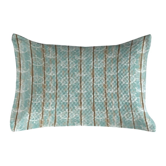 Nautical Quilted Pillowcover, Marine Elements Drawn on Old Wood Surface Helm Anchor Ornamental Print, Standard King Size Accent Pillow Cover for Bedroom, 36" x 20", Turquoise Cocoa White, by Ambesonne