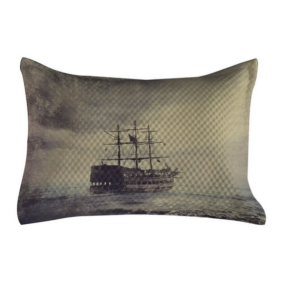 Nautical Quilted Pillowcover, Old Pirate Ship in the Sea Historical Cruise Retro Voyage Grunge Style Art, Standard King Size Accent Pillow Cover for Bedroom, 36" x 20", Plum Tan, by Ambesonne