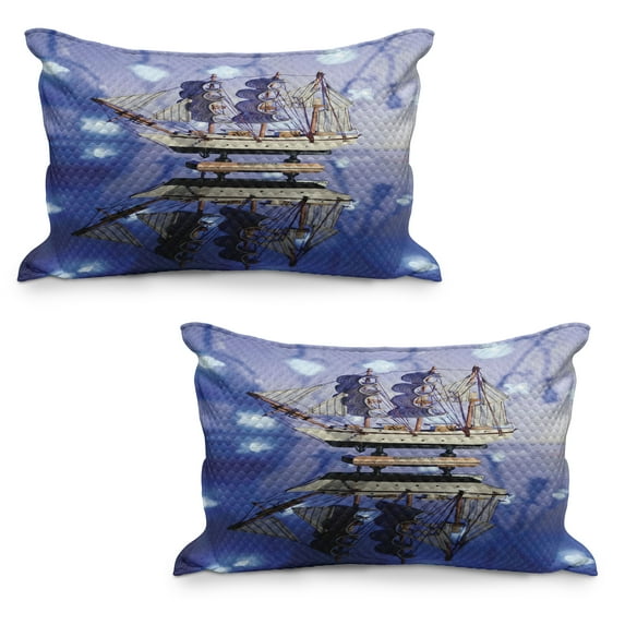 Nautical Quilted Pillowcover Set of 2, Close up Photo Model of a Ship with Sails on Blurry Background Maritime Themed, Standard Queen Size Pillow Cover Bedroom, 36" x 20", Blue and Brown, by Ambesonne