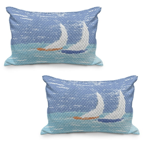 Nautical Quilted Pillowcover Set of 2, Grunge Style Illustration of 2 Racing Sailboats in a Windy Ocean Water Print, Standard Queen Size Pillow Cover for Bedroom, 36" x 20", Pale Blue, by Ambesonne