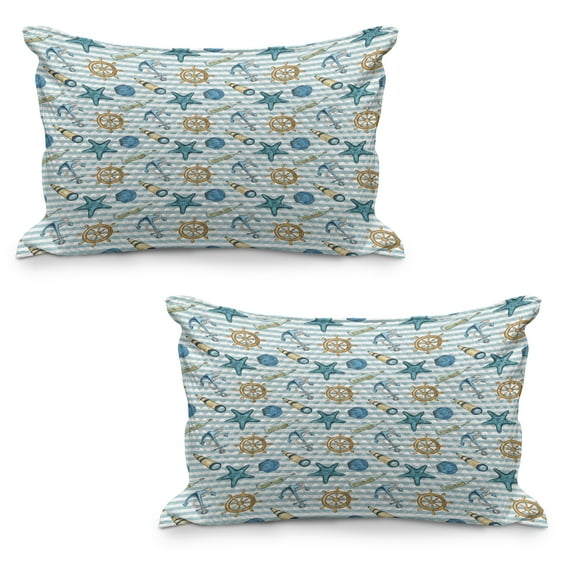 Nautical Quilted Pillowcover Set of 2, Marine Sea Striped Background with Anchor Wheel Starfish Seashell, Standard Queen Size Pillow Cover for Bedroom, 36" x 20", Blue and Apricot, by Ambesonne