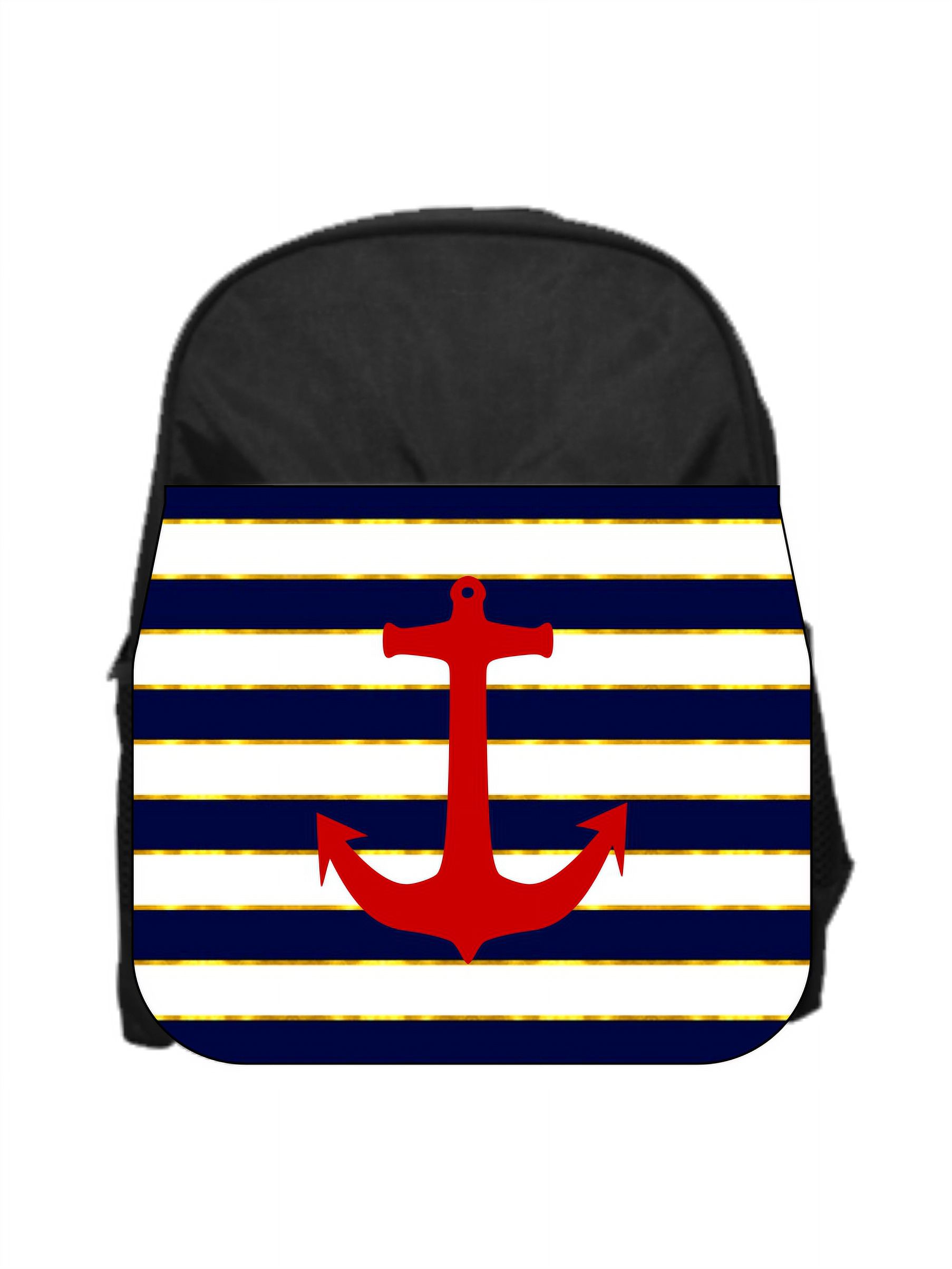 Nautical Red Anchor on Gilded Navy Stripes - 13" x 10" Black Preschool Toddler Children's Backpack - image 1 of 2