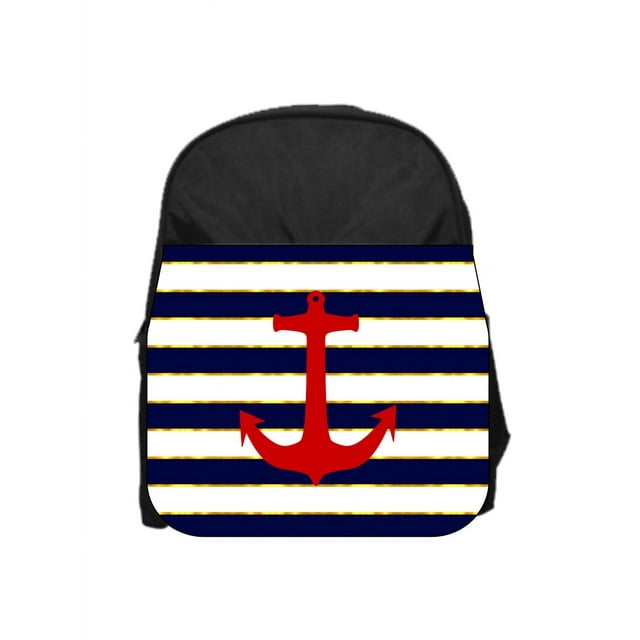 Nautical Red Anchor on Gilded Navy Stripes - 13" x 10" Black Preschool Toddler Children's Backpack