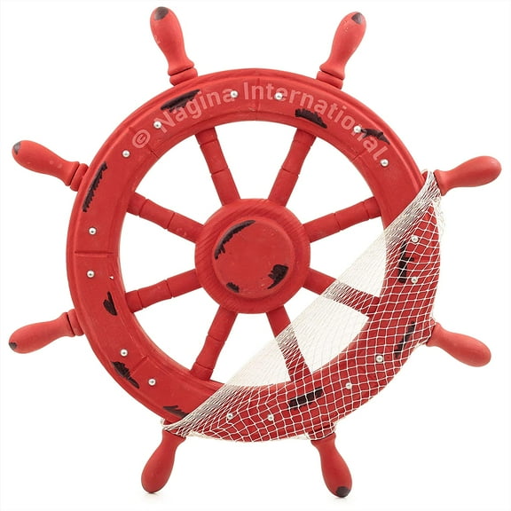 Nautical Red Ship Wheel Antique Vintage Style With Rivets & Mediterranean Fishing Net Styled With Black Spots Graffiti Art | Maritime Captains Ocean & Sea Gifts & Wall Sculptures (42 Inches)