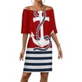 thumbnail image 1 of Nautical Red White Stripes And Blue Anchors on Red Background Women's Off The Shoulder Ruffles Summer Wedding Guest Loose Casual Party Beach Dress, 1 of 9