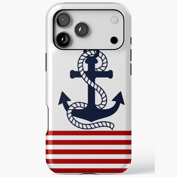 Nautical Red White Stripes Navy Anchor iPhone Case 11 through 17 Pro Max