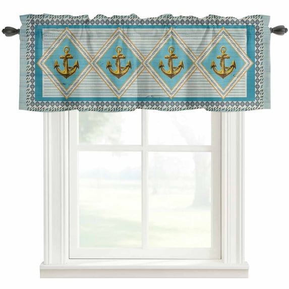Nautical Retro Anchor Window Valance Curtain Geometric Striped Rope Rod Pocket Short Curtain for Living Room, Bedroom & Kitchen Window Decor 42x12in