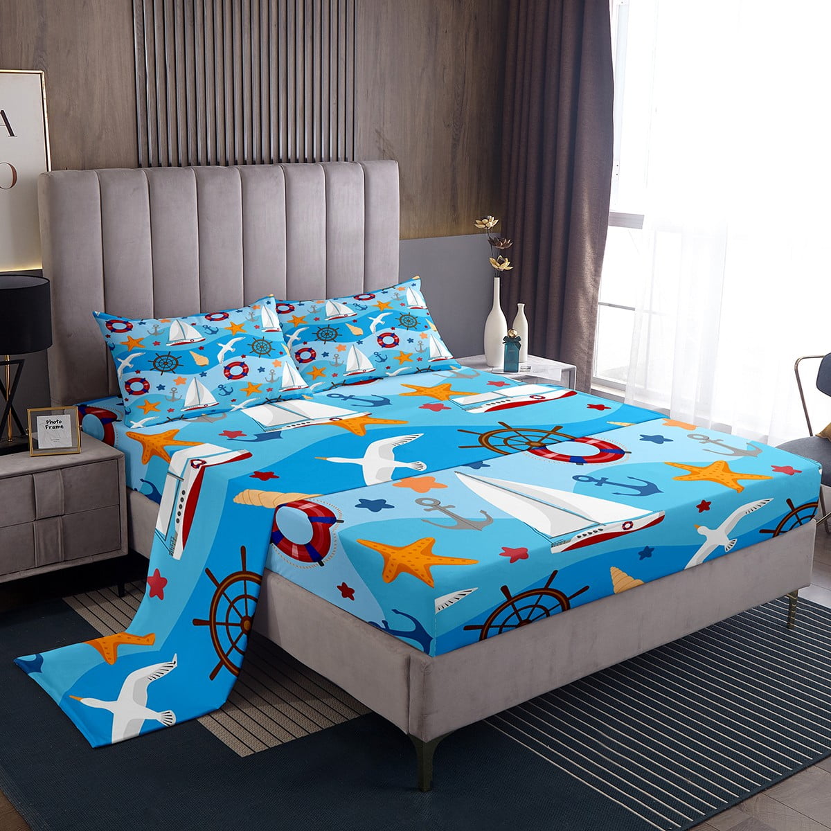 Nautical Retro Sailboat Bed Sheets Set Steering Wheel Queen Sheet Set