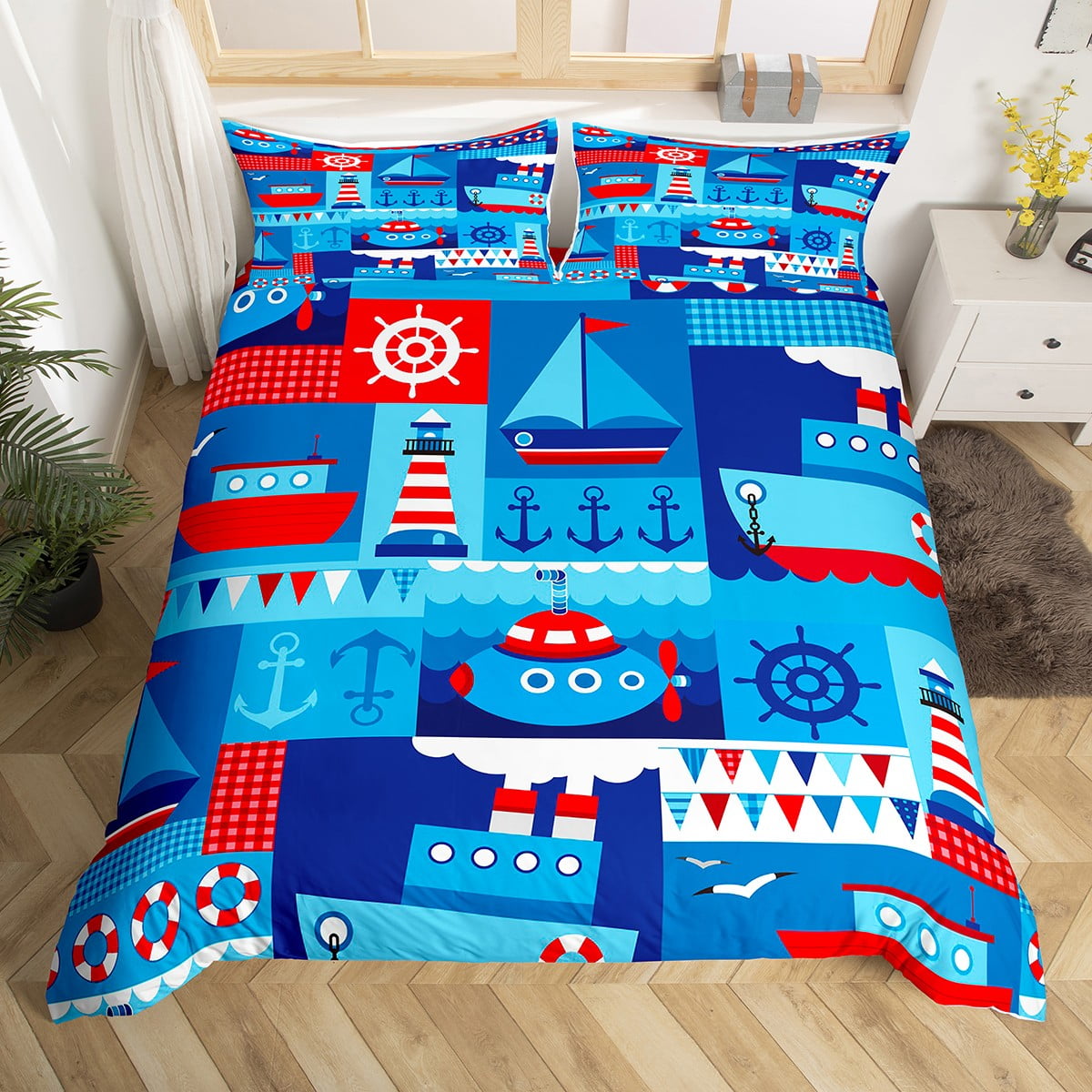 Nautical Retro Sailboat Queen Bedding Set for Boys,Submarine Comforter