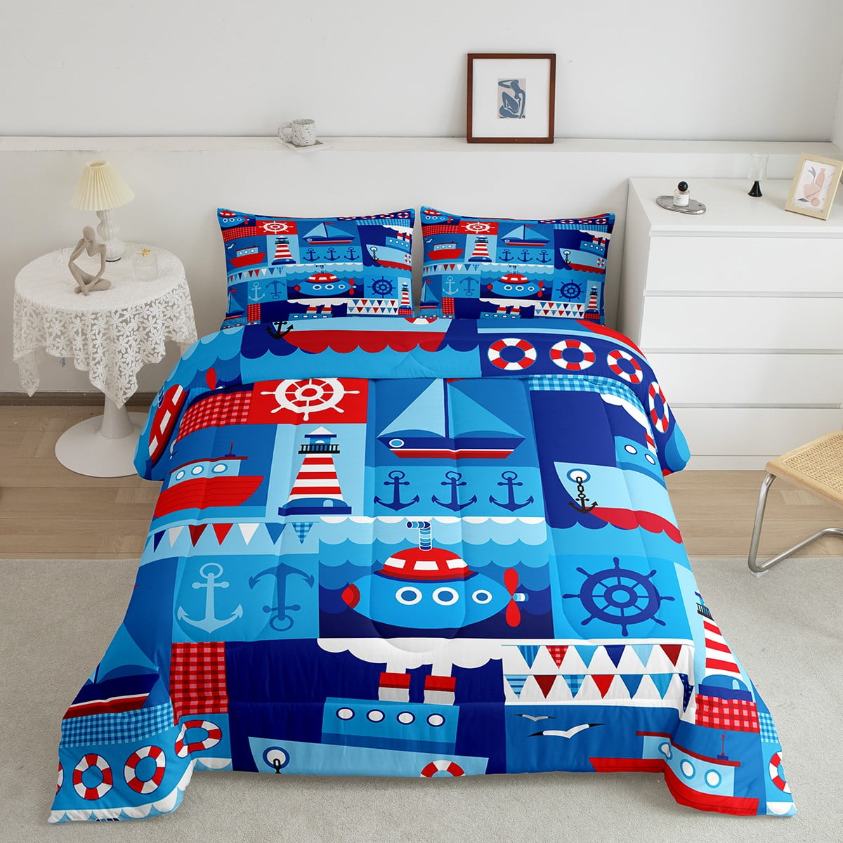 Nautical Retro Sailboat Twin Bedding Set for Boys,Submarine Quilt Boat