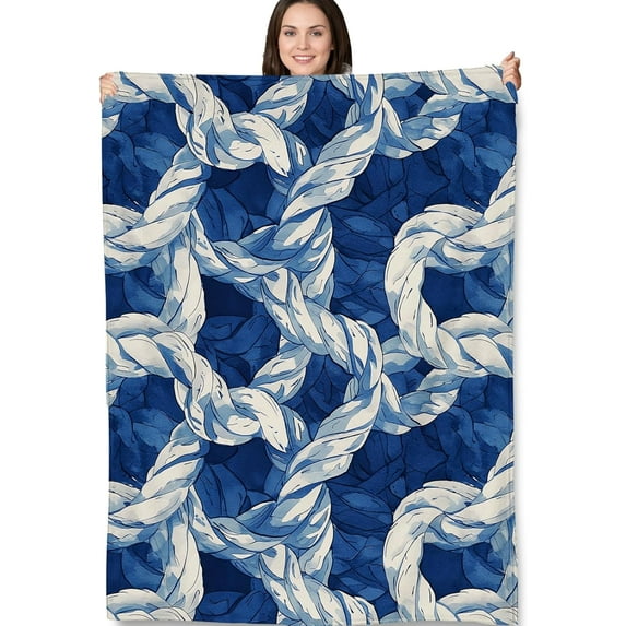 Nautical Rope Blanket - Soft Fleece Throw with Blue and White Rope Design - Perfect for Coastal Decor, Beach Houses, and Nautical Themes - 60x80 Inches