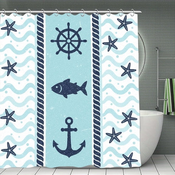 Nautical Rope Border Print Shower Curtain,Modern Fabric Waterproof Shower Curtain Set with Hooks,70.8×70.8Inch