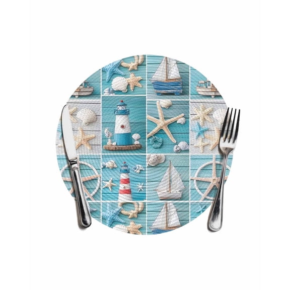 Nautical Round Table Placemats 1 pc, Ocean Lighthouse Starfish Shell Ship Washable Woven Place Mats for Dining Tables Kitchen Party Decor,Heat Proof, 13in, Aqua Blue