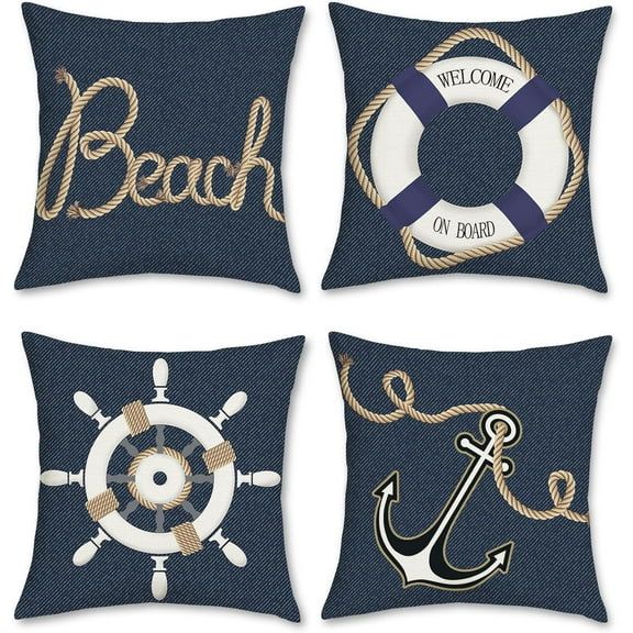 Nautical Rudder Anchor Throw Pillow Covers 18 x 18 Inch Set of 4 Denim Texture Navy Blue Decorative Pillows Case Polyester Linen Outdoor Cushion Covers for Couch Sofa Bed Home Decor