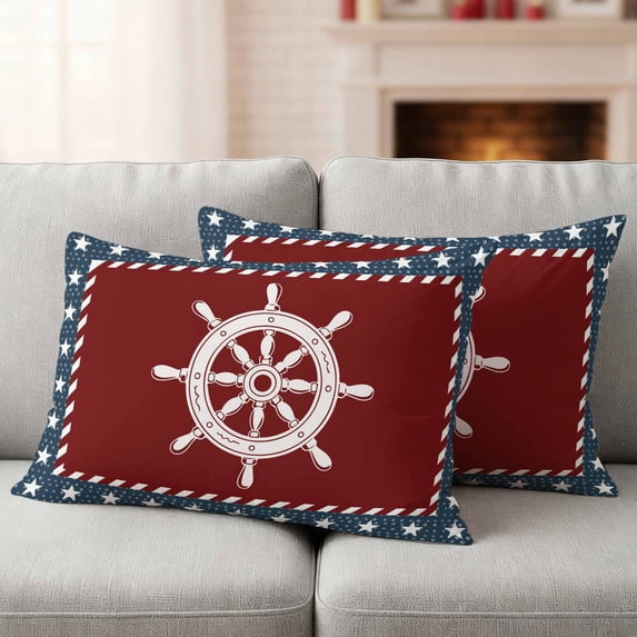 Nautical Rudder Lumbar Pillow Covers 20x12 Inch Set of 2, Red Navy Blue Coastal Stars Ocean Waterproof Outdoor Pillow Covers, Decorative Cushion Pillowcases for Couch, Sofa, Bed, Garden, Patio