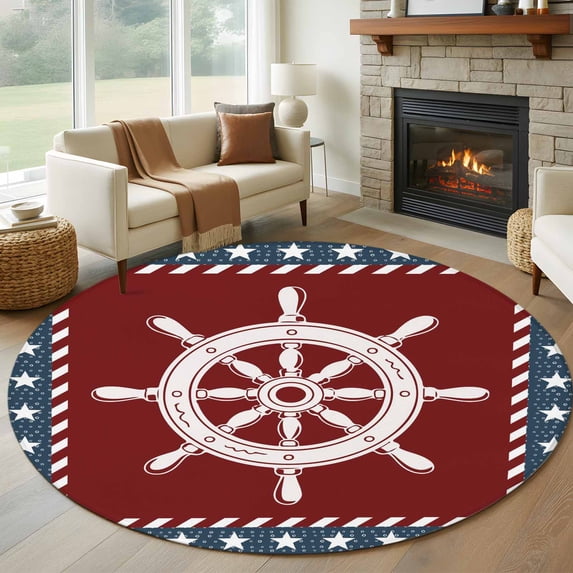 Nautical Rudder Round Area Rug 5Ft Washable Circle Rugs for Living Room Bedroom, Red Navy Blue Coastal Stars Ocean Non-Slip Carpet Floor Mats Indoor Outdoor Carpet Runner Aesthetic Home Decor