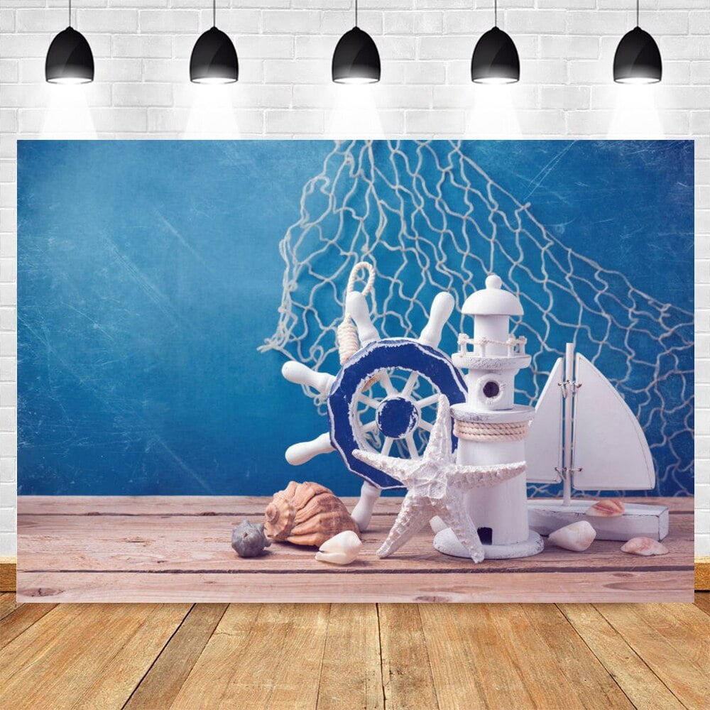 Nautical Rudder Starfish Sea Theme Baby Birthday Portrait Photography Backdrop Wooden Board ...