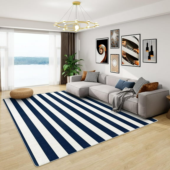 Nautical Rug, Navy Blue And White Stripe Rugs For Living Room Bedroom, Washable Non Slip Soft Small Carpet, Patterned Area Rugs & Home Decor