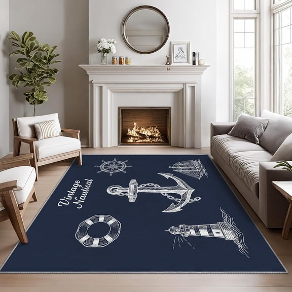 Nautical Rugs 2x3 -Anchor Rug, 3x5 ft, Navy Blue Lighthouse Area Rug, Ship Wheel Sailboat Washable Non-Slip Rugs for Entryway, Ocean Nautical Anchor Home Decor & Gifts