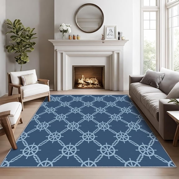 Nautical Rugs 8x10 -Ship Wheel Rug, 3x5 ft, Navy Blue Rudder Area Rug, Maritime Coastal Washable Non-Slip Rugs for Entryway, Ocean Nautical Sailing Home Decor & Gifts