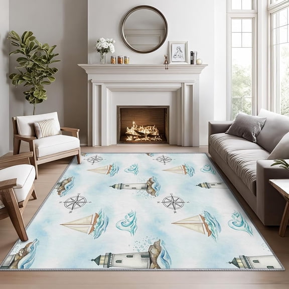 Nautical Rugs for Living Room - 2x3 ft, Lighthouse Rug, Sailing Ship Compass Area Rug, Coastal Sailboat Washable Door Mat for Entryway, Kitchen, Maritime Nautical Home Decor & Gifts
