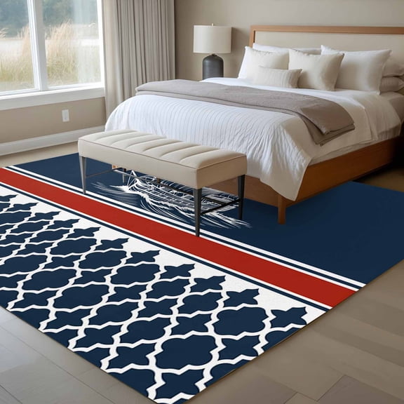 Nautical Sail 6x9 Rug for Dining Room Table and Chair Setup, Nautical Boat Red Stripe Plaid Navy Blue Low Pile Washable Non Slip Rectangle Area Rug