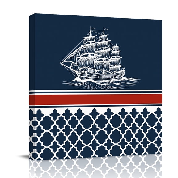 Nautical Sail Canvas Wall Art for Living Room, Nautical Boat Red Stripe Plaid Navy Blue Poster Print Painting for Bedroom Office Home Decoration Wall Pictures Prepare To Hang 12"x12"