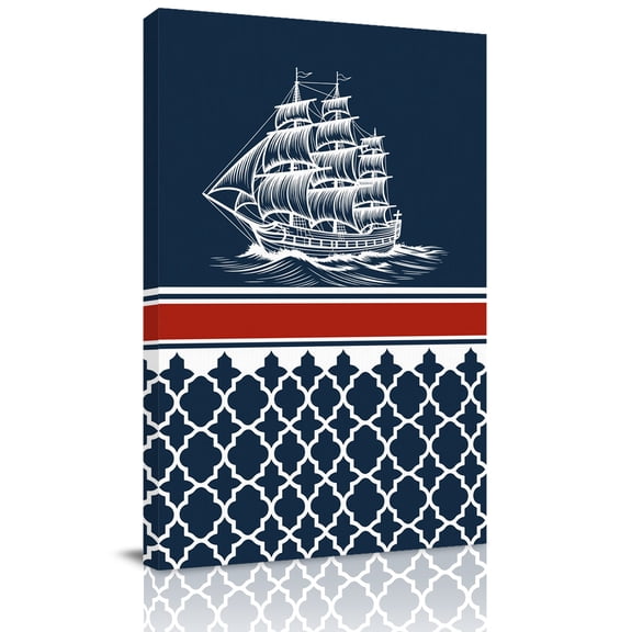 Nautical Sail Canvas Wall Art for Living Room, Nautical Boat Red Stripe Plaid Navy Blue Wall Decor Framed Artwork Pictures Ready to Hang for Bedroom Office Home Decor