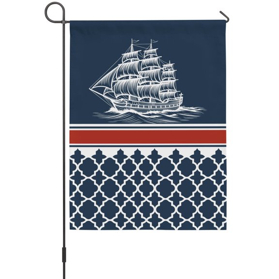 Nautical Sail Garden Flags For Outdoor, Nautical Boat Red Stripe Plaid Navy Blue Small Double Side Yard Flags Weather Proof Garden Decor for Lawn Outside Holiday 12 x 18 Inches