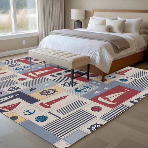 Nautical Sailboat 6x9 Rug for Dining Room Table and Chair Setup, Anchor Star Navy Striped Vintage Plaid Low Pile Washable Non Slip Rectangle Area Rug